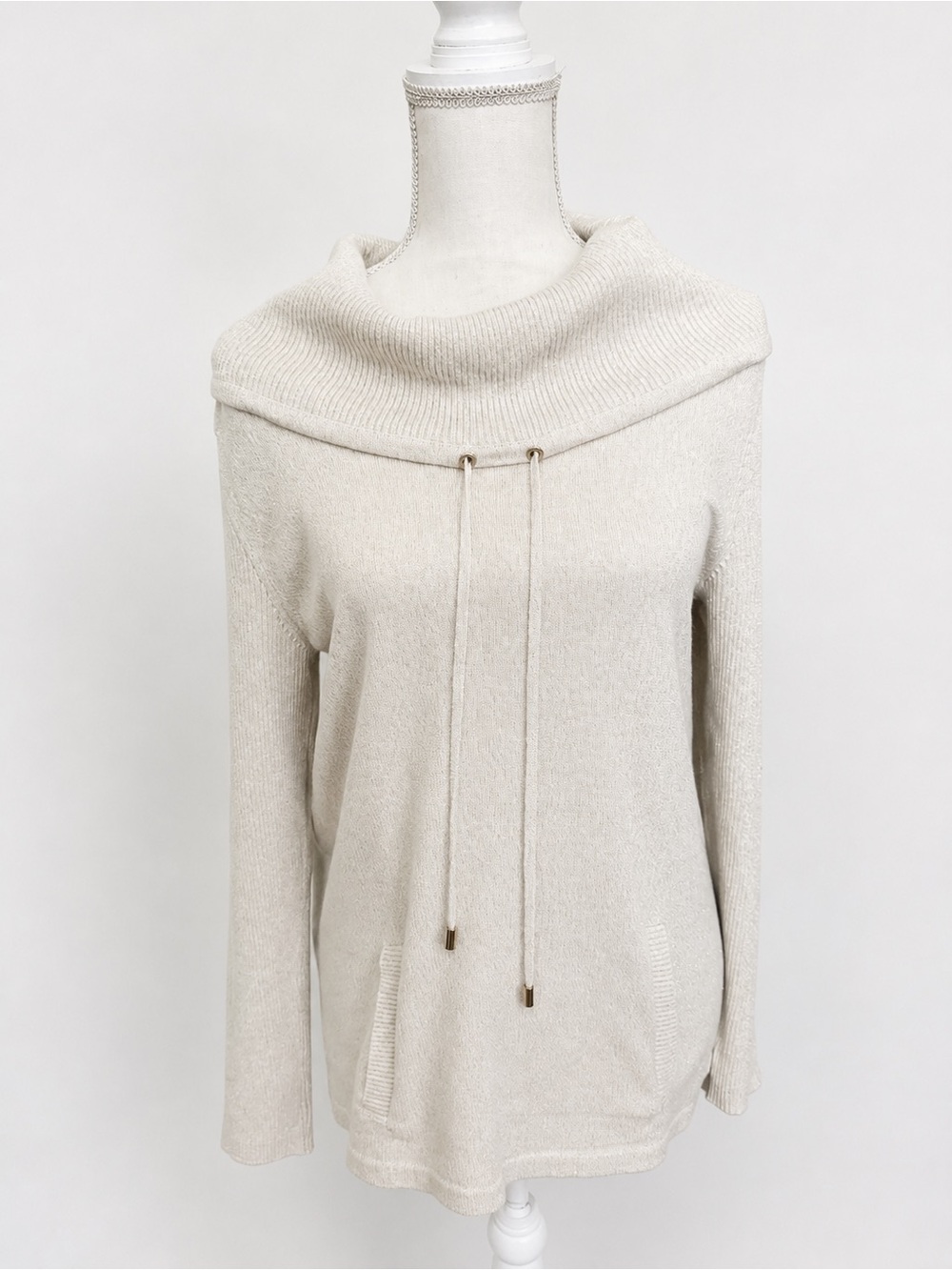 Calvin Klein Medium Ivory Cowl Neck Knit Sweater Tunic w/ Drawstrings